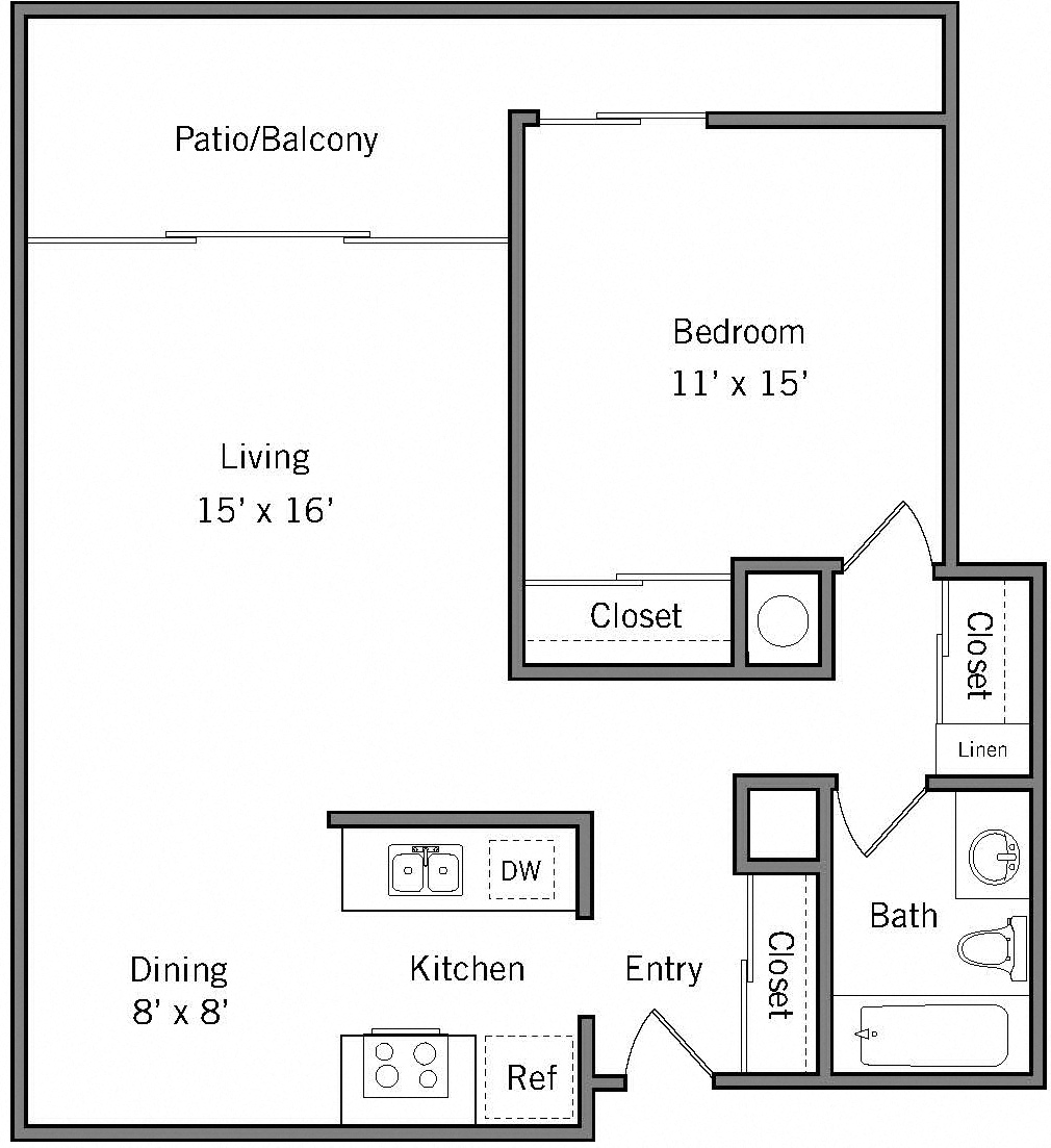 Floor plan for 1 bed, 1 bath, 740 sqft